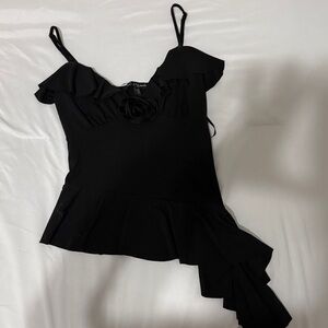 Black Ruffled Asymmetric Strap Top - Women